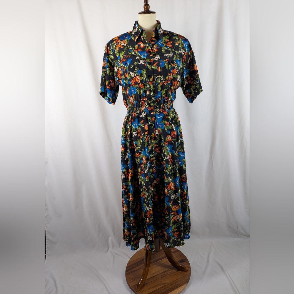 Liz Claiborne Vintage 90s Black Floral Dress Elastic Waist Pockets Buttons Sz 8